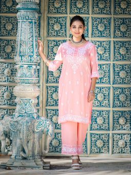 CLUB LOOM - Prerna Chikankari Cotton Peach Kurta with Palazzo (Set of 2)