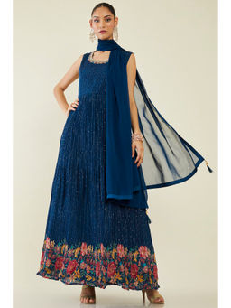 Soch - Women Navy Blue Georgette Embroidered Suit Set