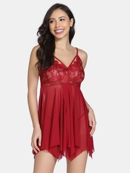Zivame - Lace And Mesh Babydoll With Thong - Maroon