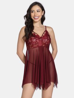 Zivame - Lace And Mesh Babydoll With Thong - Wine