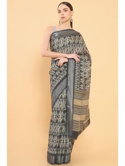 Soch - Women Charcoal Chanderi Printed Saree with Unstitched Blouse