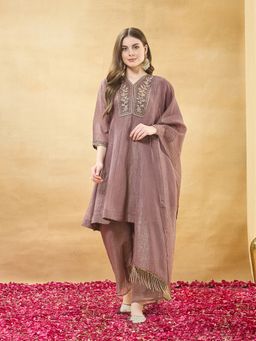 MOKOSH - Women Mauve Silk Embellished Kurta with Trouser and Dupatta