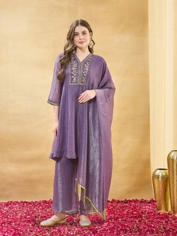 MOKOSH - Women Purple Silk Embellished Kurta with Trouser and Dupatta