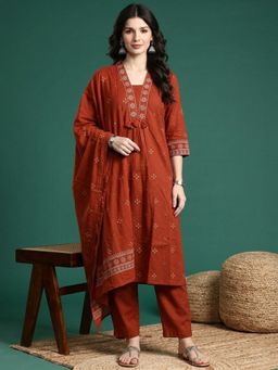 ANAISA - Women Rust Cotton Floral Kurta with Pant and Dupatta