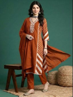 ANAISA - Women Rust Cotton Stripes Kurta with Pant and Dupatta