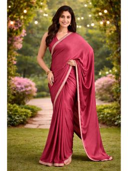KAYOMMI - Women Wine Satin Solid Pre Draped Saree with Unstitched Blouse