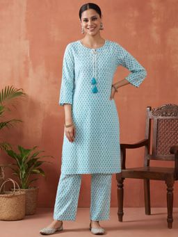 Jaipur Kurti - Women Blue Viscose Rayon Printed Straight Kurta and Pant