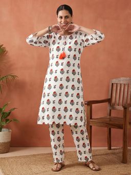 Jaipur Kurti - Women White Floral Printed Straight Kurta and Pant