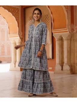 Jaipur Kurti - Women Blue Floral Print A-Line Kurta with Sharara