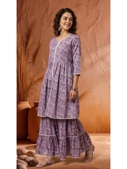 Jaipur Kurti - Women Lavender Floral Print A-Line Kurta with Sharara