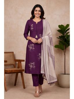 Jaipur Kurti - Women Wine Printed Straight Kurta with Pant and Dupatta