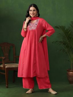 Jaipur Kurti - Women Pink Embroidered Flared Kurta with Pant and Dupatta