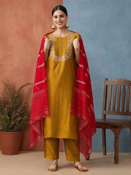 Jaipur Kurti - Women Yellow Embroidered Straight Kurta with Pant and Dupatta