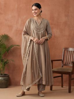 Jaipur Kurti - Women Brown Embroidered Flared Kurta with Pant and Dupatta