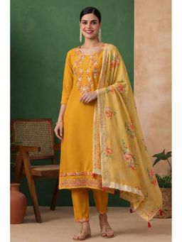 Jaipur Kurti - Women Yellow Floral Embroidered Straight Kurta with Pant and Dupatta