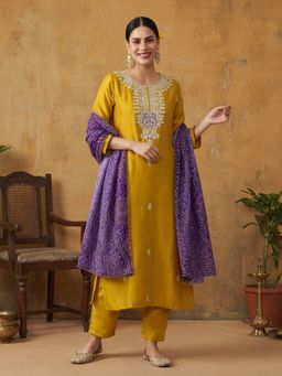 Jaipur Kurti - Women Yellow Embroidered Straight Kurta with Pant and Dupatta