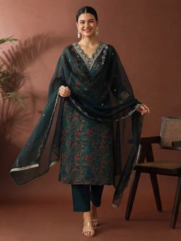 Jaipur Kurti - Women Green Floral Embroidered Straight Kurta with Pant and Dupatta