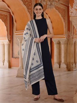 Jaipur Kurti - Women Navy Blue Solid Viscose Rayon Kurta with Pant and Dupatta