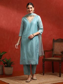 Jaipur Kurti - Women Blue Ethnic Motifs Yoke Design Straight Kurta with Pant and Dupatta