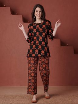 Jaipur Kurti - Women Black Floral Ethnic Print Straight Cotton Co-Ord Set