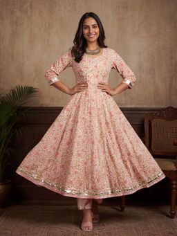 Jaipur Kurti - Women Pink Ethnic Motifs Printed Flared Kurta with Pant and Dupatta