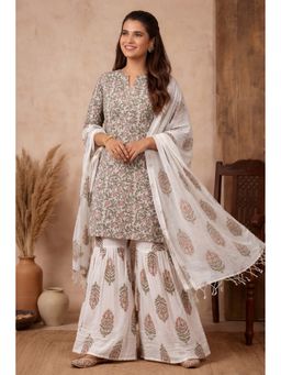 Jaipur Kurti - Women Grey Floral Printed Straight Kurta with Sharara and Dupatta