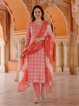 Jaipur Kurti - Women Orange Ethnic Printed Cotton Kurta with Pant and Dupatta