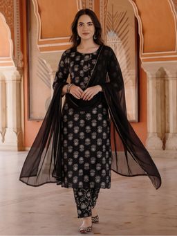 Jaipur Kurti - Women Black Floral Printed Cotton Kurta with Pant and Dupatta