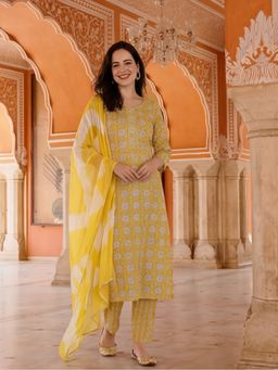 Jaipur Kurti - Women Yellow Ethnic Motif Cotton Kurta with Pant and Dupatta