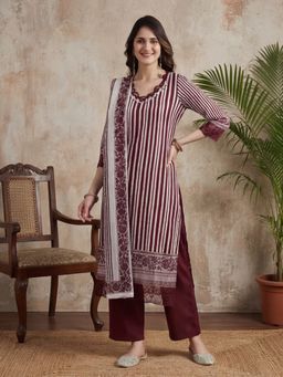 Jaipur Kurti - Women Wine Striped Straight Kurta with Pant and Dupatta
