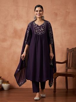 Jaipur Kurti - Women Purple Embroidered Flared Kurta with Pant and Dupatta