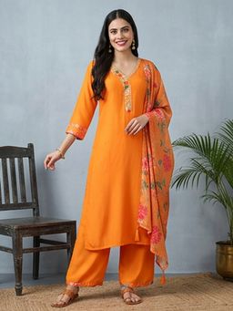 Jaipur Kurti - Women Orange Floral Embroidered Flared Kurta with Pant and Dupatta