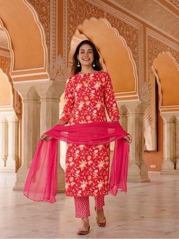 Jaipur Kurti - Women Pink Floral Printed Straight Kurta with Pant and Dupatta