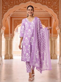 Jaipur Kurti - Women Purple Floral Embroidered Straight Kurta with Pant and Dupatta