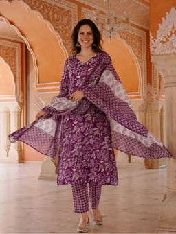 Jaipur Kurti - Women Purple Floral Printed A-Line Kurta with Pant and Dupatta
