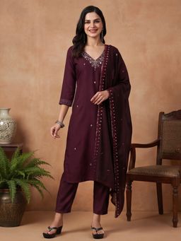Jaipur Kurti - Women Wine Embroidered Straight Kurta with Pant and Dupatta
