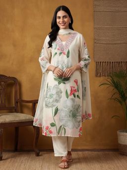 Jaipur Kurti - Women White Floral Embroidered Straight Kurta with Pant and Dupatta