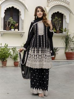Trendmalls - Women Black Art Silk Embroidered Kurta with Sharara and Dupatta