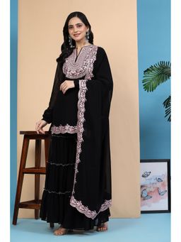 Trendmalls - Women Black Georgette Embroidered Kurta with Sharara and Dupatta