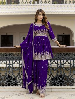 Trendmalls - Women Purple Georgette Embroidered Kurta with Sharara and Dupatta