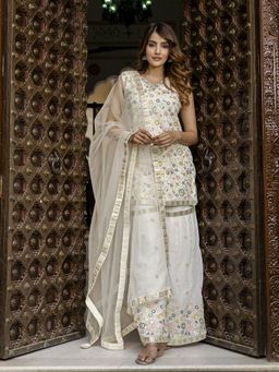 Trendmalls - Women Off White Georgette Floral Kurta with Sharara and Dupatta