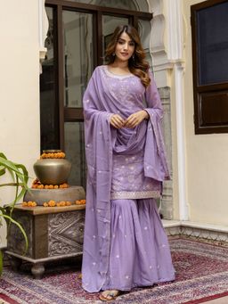Trendmalls - Women Purple Art Silk Floral Kurta with Sharara and Dupatta