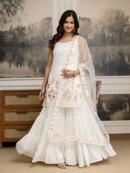 Trendmalls - Women White Georgette Floral Kurta with Sharara and Dupatta