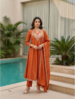 FAST FASHIONS - Women Orange Viscose Rayon Embroidered Anarkali Kurta with Pant and Dupatta