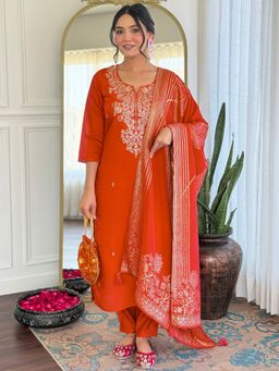 FAST FASHIONS - Women Orange Silk Blend Embroidered Kurta with Pant and Dupatta