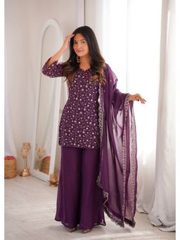 FAST FASHIONS - Women Embroidered Purple Kurta With Palazzo And Dupatta