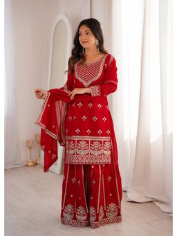 FAST FASHIONS - Women Red Georgette Silk Embroidered Top with Sharara and Dupatta