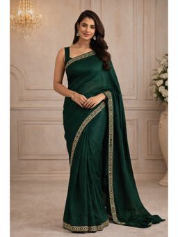 KAYOMMI - Women Green Satin Solid Pre Draped Saree with Unstitched Blouse
