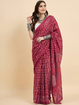 KVS FAB - Women Red Cotton Blend Floral Saree with Unstitched Blouse