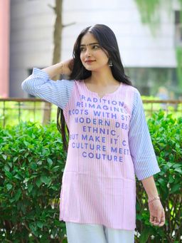 ESTELA - Women Pink Rayon Typography Kurta
